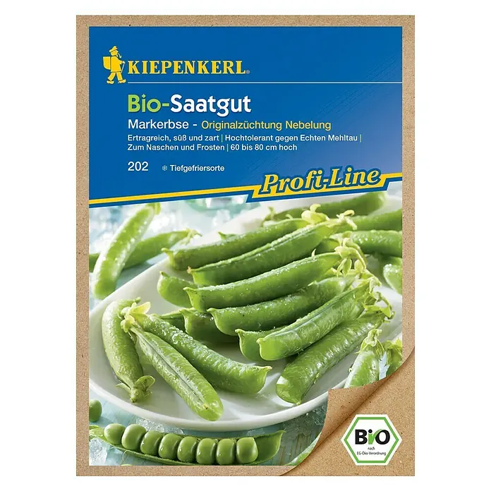 Kiepenkerl Gemüsesamen Markerbse - Bio Sommermarkerbse, Pisum sativum, Erntezeit: Juni - Bild einer Bio-Saatgut-Packung von Kiepenkerl, speziell Markerbsen der Sorte Nebelung, ideal zum Naschen und Frosten.