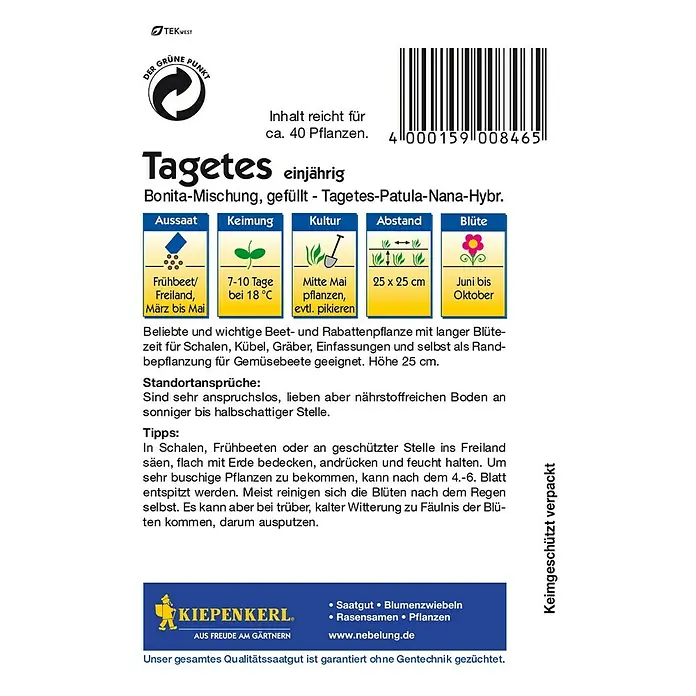 Kiepenkerl Blumensamen Studentenblume - Tagetes patula, Bonita, Blütezeit: Juni - Abbildung einer Tagetes-Samenpackung der Marke Kiepenkerl. Informationen zu Aussaat, Keimung, Kultur und Abstand sind aufgeführt.