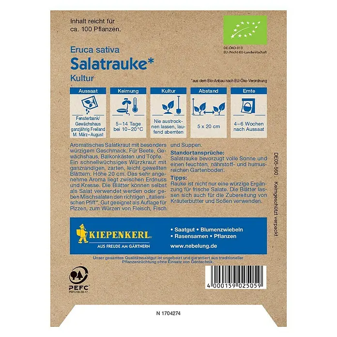 Kiepenkerl Profi-Line Salatsamen Bio Salatrauke - Eruca sativa, Erntezeit: Ganzjährig - Abbildung der Salatrauke-Samenpackung von Kiepenkerl mit Anbauhinweisen.