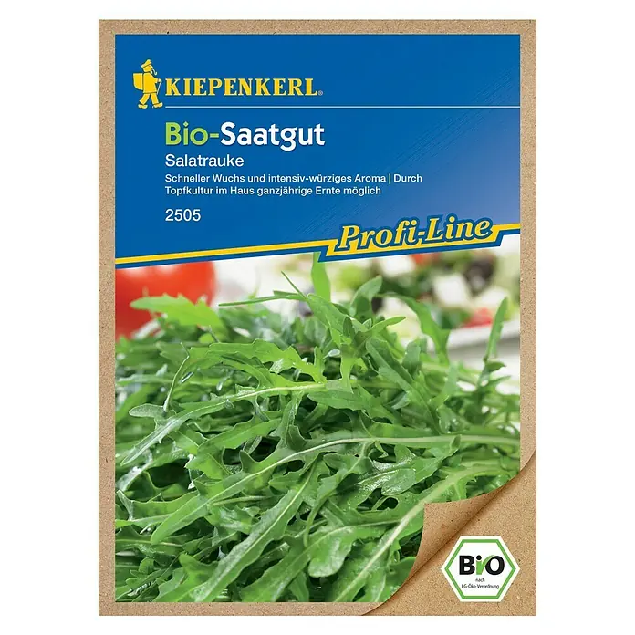 Kiepenkerl Profi-Line Salatsamen Bio Salatrauke - Eruca sativa, Erntezeit: Ganzjährig - Abbildung einer Packung Bio-Saatgut Salatrauke von Kiepenkerl mit frischem, würzigem Aroma, ideal für den ganzjährigen Anbau im Topf.
