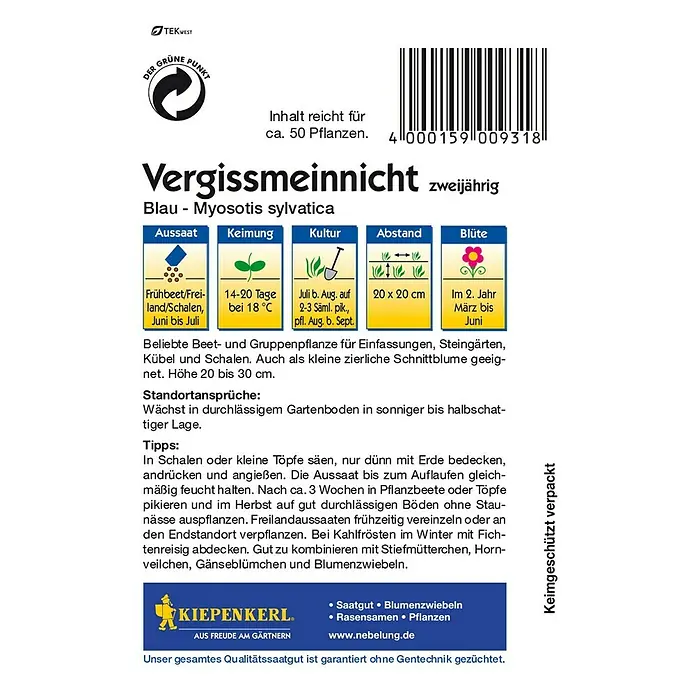 Kiepenkerl Blumensamen Vergissmeinnicht - Myosotis sylvatica, Blau - Samentüte mit Informationen zum zweijährigen blauen Vergissmeinnicht (Myosotis sylvatica), inklusive Aussaat- und Pflegehinweisen.