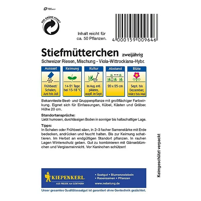Kiepenkerl Blumensamen Stiefmütterchen - Viola-Wittrockiana-Hybriden, Mehrfarbig, Blütezeit: März - Bild einer Kiepenkerl Stiefmütterchen-Samenpackung mit Anweisungen zu Aussaat, Keimung, Kultur, Abstand und Blütezeit.