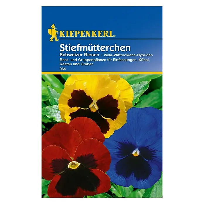 Kiepenkerl Blumensamen Stiefmütterchen - Viola-Wittrockiana-Hybriden, Mehrfarbig, Blütezeit: März - Produktbild der Stiefmütterchen "Schweizer Riesen" von Kiepenkerl. Die Blüten sind in Gelb, Rot und Blau dargestellt.