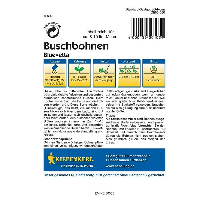 Kiepenkerl Profi-Line Gemüsesamen Buschbohne - Bluevetta, Phaseolus vulgaris var. nanus, Erntezeit: Juli - Samentüte Bluevetta Buschbohnen. Frühe Sorte mit violetten, aromatisch schmeckenden Hülsen. Ideal für jeden Gartenboden.