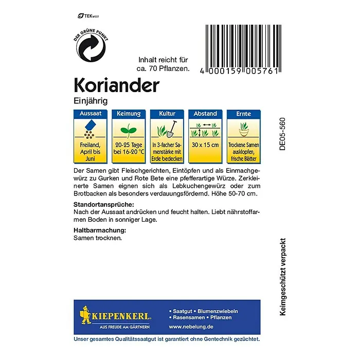 Kiepenkerl Kräutersamen Koriander - Coriandrum sativum, Saatzeit: April, Erntezeit: Juni - Abbildung einer Koriandersamenpackung von Kiepenkerl, die Anweisungen zur Aussaat und Pflege der Pflanze enthält.
