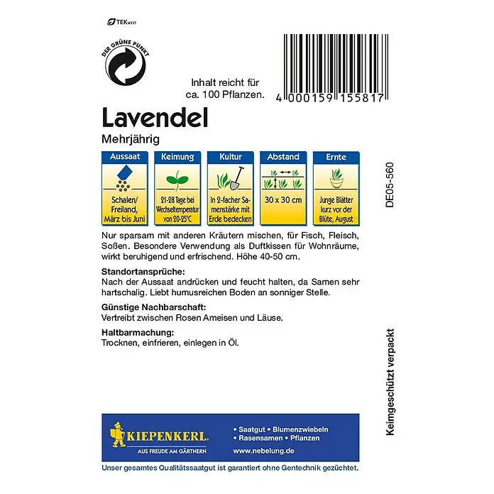 Kiepenkerl Blumensamen Lavendel - Lavandula angustifolia, Lavendelblau - Bild einer Lavendel-Saatguttüte von Kiepenkerl, die Anweisungen zu Aussaat, Keimung, Kultur, Abstand und Ernte enthält.
