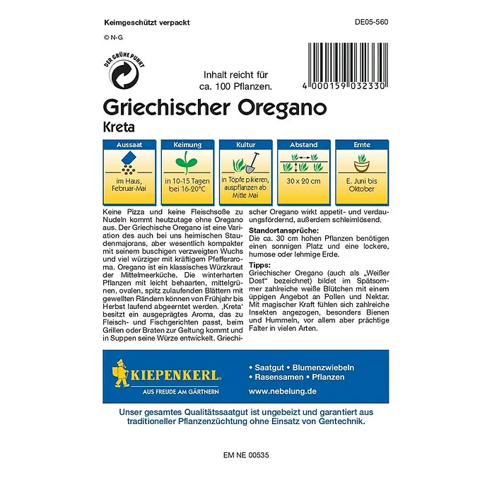 Kiepenkerl Profi-Line Kräutersamen Griechischer Oregano Kreta - Origanum vulgare subsp. viridulum, Erntezeit: Juni - Abbildung einer Saatguttüte für griechischen Oregano (Kreta) von Kiepenkerl, ideal für Küche und Garten mit Anbautipps.