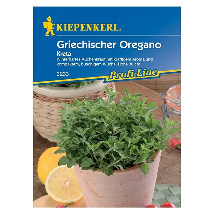 Kiepenkerl Profi-Line Kräutersamen Griechischer Oregano Kreta - Origanum vulgare subsp. viridulum, Erntezeit: Juni - Bild einer Kiepenkerl-Saatgutpackung für griechischen Oregano 'Kreta', eine winterharte Küchenkräutersorte mit intensivem Aroma.