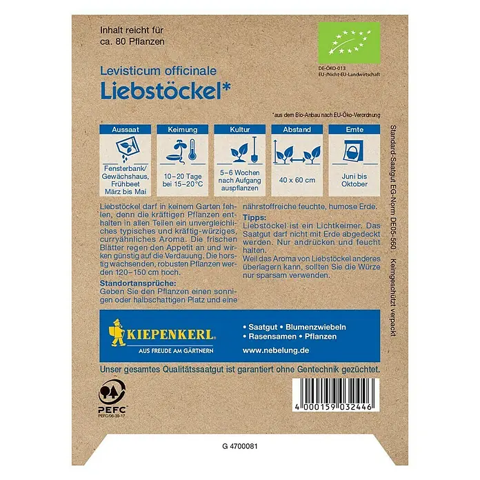 Kiepenkerl Profi-Line Kräutersamen Bio Liebstöckel - Levisticum officinale, Erntezeit: Juni - Abbildung einer Liebstöckel-Samenpackung mit Anweisungen zu Aussaat, Keimung, Kultivierung, Abstand und Ernte.