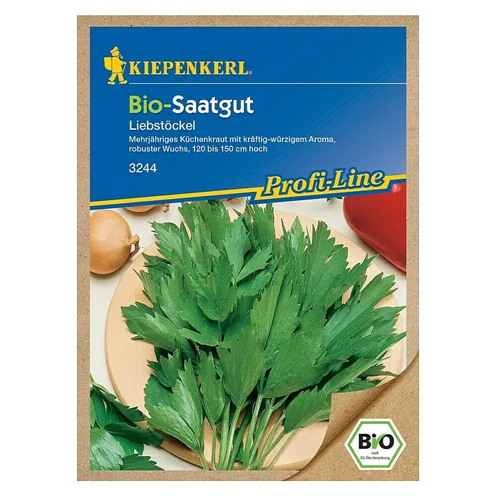 Kiepenkerl Profi-Line Kräutersamen Bio Liebstöckel - Levisticum officinale, Erntezeit: Juni - Abbildung einer Kiepenkerl Bio-Saatgut-Packung Liebstöckel, einem mehrjährigen Küchenkraut mit kräftig-würzigem Aroma.