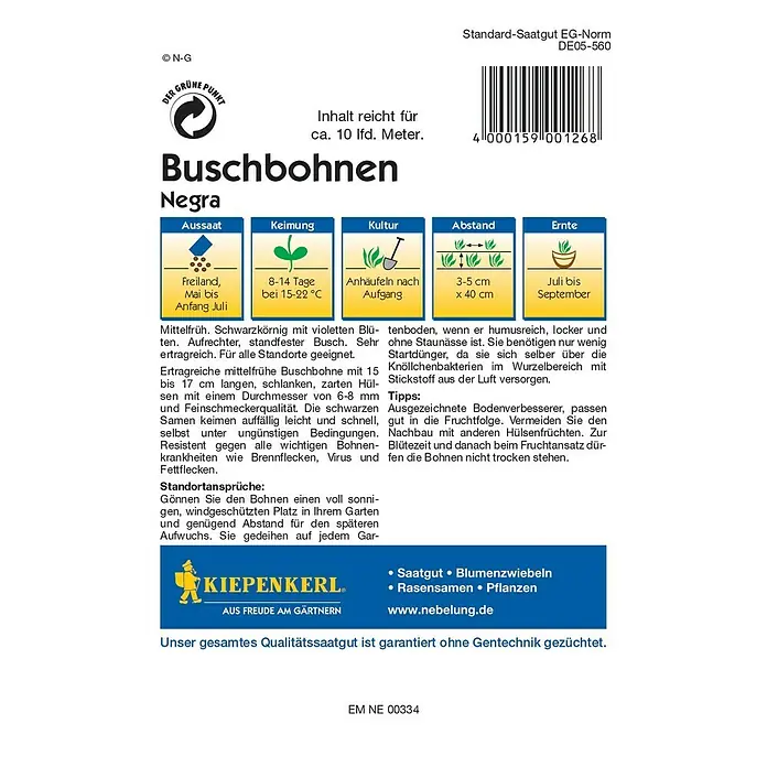 Kiepenkerl Profi-Line Gemüsesamen Buschbohne - Negra, Phaseolus vulgaris var. nanus, Erntezeit: Juli - Bild einer Packung Buschbohnen "Negra" Samen mit Informationen zu Anbau, Keimung und Erntezeit.