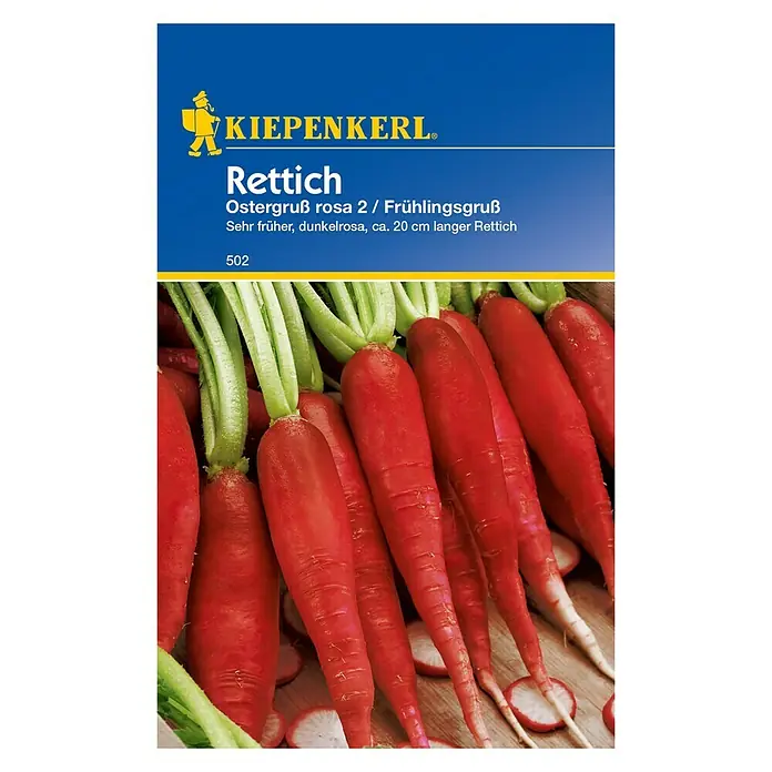 Kiepenkerl Gemüsesamen Rettich - Raphanus sativus, Ostergruß Rosa - Produktbild der Radieschen-Samenpackung "Rettich Ostergruß rosa 2 / Frühlingsgruß" von Kiepenkerl. Lange, dunkelrosa Radieschen sind abgebildet.
