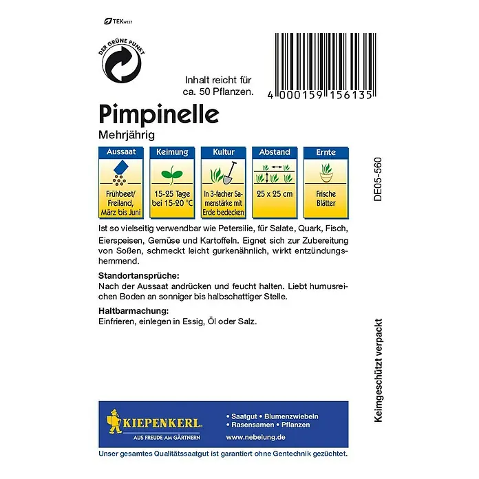 Kiepenkerl Blumensamen Pimpinelle - Sanguisorba minor - Bild einer Samenpackung für Pimpinelle, einer mehrjährigen Pflanze, mit Anweisungen zu Aussaat, Keimung, Kultur und Ernte.