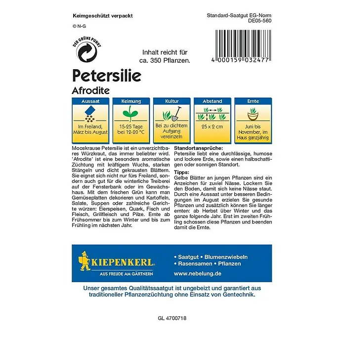 Kiepenkerl Profi-Line Kräutersamen Petersilie - Afrodite, Petroselinum crispum var. crispum, Saatzeit: März, Erntezeit: Juni - Petersilie 'Afrodite' Samenpackung: Anbauhinweise für aromatische, krause Petersilie, ideal für Garten und Küche.