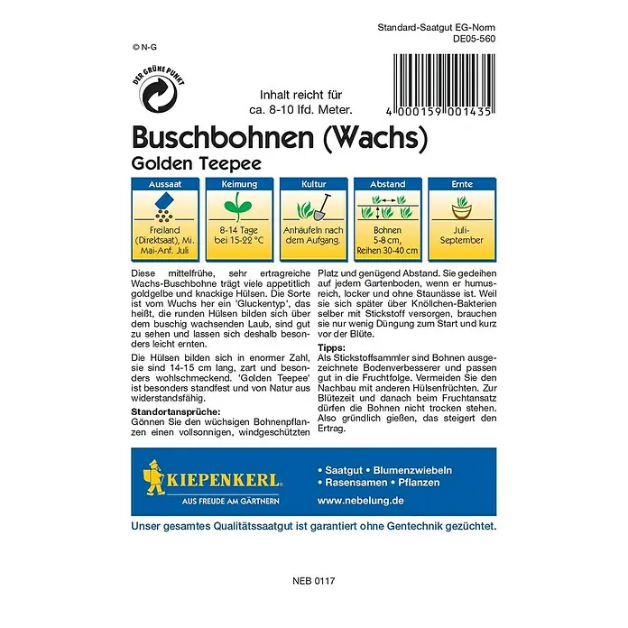 Kiepenkerl Profi-Line Gemüsesamen Buschbohne - Golden Teepee, Phaseolus vulgaris var. nanus, Erntezeit: Juli - Samentüte für Buschbohnen (Wachs) "Golden Teepee", ideal für den Anbau im Gemüsegarten. Ertragreiche Sorte mit goldgelben Hülsen.