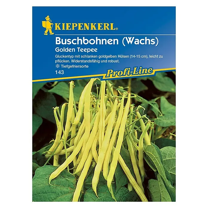 Kiepenkerl Profi-Line Gemüsesamen Buschbohne - Golden Teepee, Phaseolus vulgaris var. nanus, Erntezeit: Juli - Abbildung der Samenpackung 'Buschbohnen (Wachs) Golden Teepee' von Kiepenkerl mit gelben Wachsbohnen auf dem Feld.