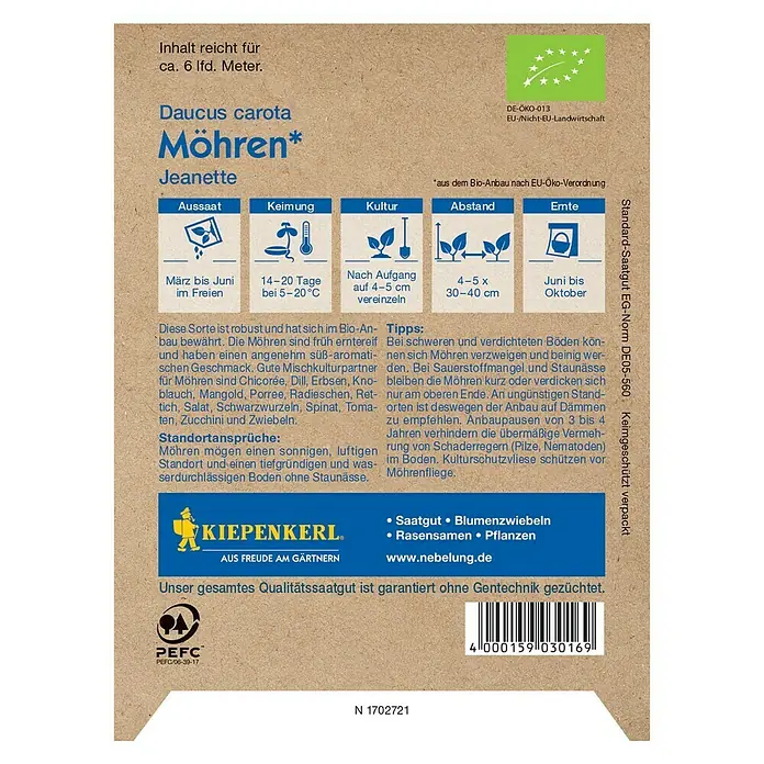 Kiepenkerl Profi-Line Gemüsesamen Bio Möhre - Nantaise, Daucus carota ssp. sativus, Erntezeit: Juni - Abbildung der Samenpackung für "Jeanette" Möhren (Karotten) von Kiepenkerl, mit Anbauhinweisen und Bio-Siegel.