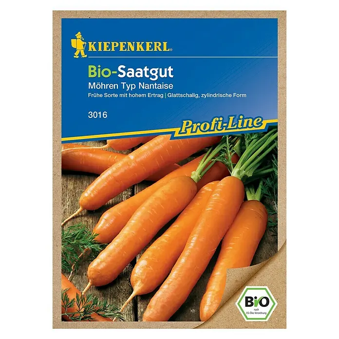 Kiepenkerl Profi-Line Gemüsesamen Bio Möhre - Nantaise, Daucus carota ssp. sativus, Erntezeit: Juni - Bio-Saatgut Möhren Typ Nantaise von Kiepenkerl: Eine frühe Sorte mit hohem Ertrag und glattschaliger, zylindrischer Form.