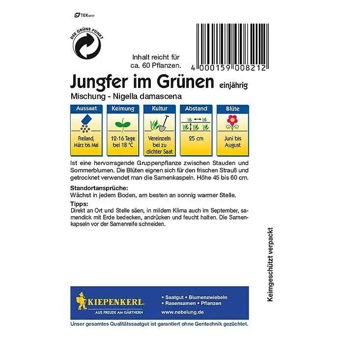 Kiepenkerl Blumensamen Jungfer im Grünen - Nigella damascena, Mischung, Blütezeit: Juni - Saatgutpackung Jungfer im Grünen (Nigella damascena) von Kiepenkerl, einjährige Mischung für ca. 60 Pflanzen. Anweisungen für Aussaat, Keimung, Kultur, Abstand und Blüte.