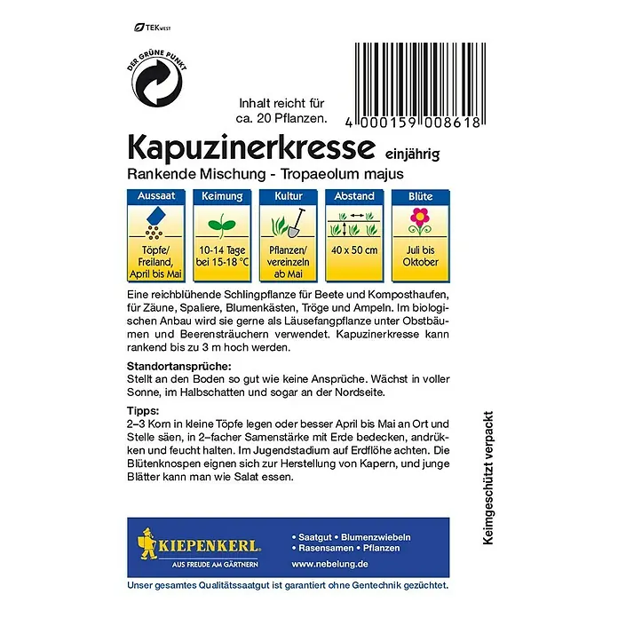 Kiepenkerl Kräutersamen Kapuzinerkresse - Tropaeolum majus, Saatzeit: April - Bild einer Samenpackung für Kapuzinerkresse, einjährig, der Marke Kiepenkerl.
