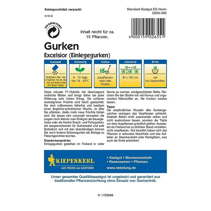 Kiepenkerl Gemüsesamen Einlegegurke - Excelsior, Cucumis sativus, Erntezeit: Juli - Abbildung der 'Excelsior' Einlegegurken-Samenpackung, ideal für den Anbau knackiger, bitterfreier Gurken im eigenen Garten.