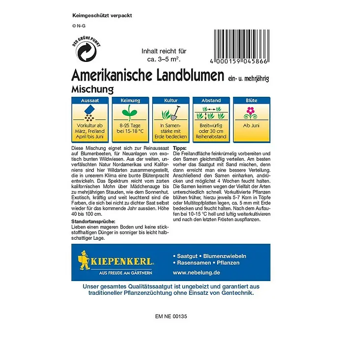 Kiepenkerl Profi-Line Blumensamen - Verschiedene Sorten, Mehrfarbig, 3 m² - 5 m² - Samentüte Amerikanische Landblumen Mischung, geeignet für Blumenbeete und Wildwiesen, mit detaillierten Anbauhinweisen.