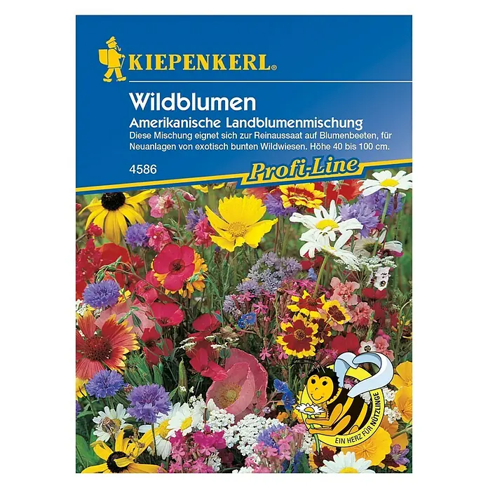 Kiepenkerl Profi-Line Blumensamen - Verschiedene Sorten, Mehrfarbig, 3 m² - 5 m² - Abbildung der Kiepenkerl Wildblumen Amerikanische Landblumenmischung Saatgutpackung, ideal für Blumenbeete und Wildwiesen.