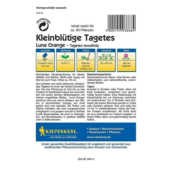 Kiepenkerl Profi-Line Blumensamen Studentenblume - Tagetes tenuifolia, Luna Orange, Blütezeit: Mai - Informationen zu kleinblütigen Tagetes Luna Orange Samen, die für ihre üppige Blüte und einfache Pflege bekannt sind.