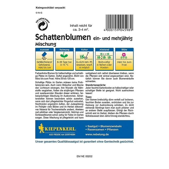 Kiepenkerl Profi-Line Blumensamen Schattenblumen - Verschiedene Sorten, Mehrfarbig, 3 m² - 4 m² - Abbildung der Verpackung von "Schattenblumen", einer ein- und mehrjährigen Blumenmischung von Kiepenkerl für schattige Standorte.