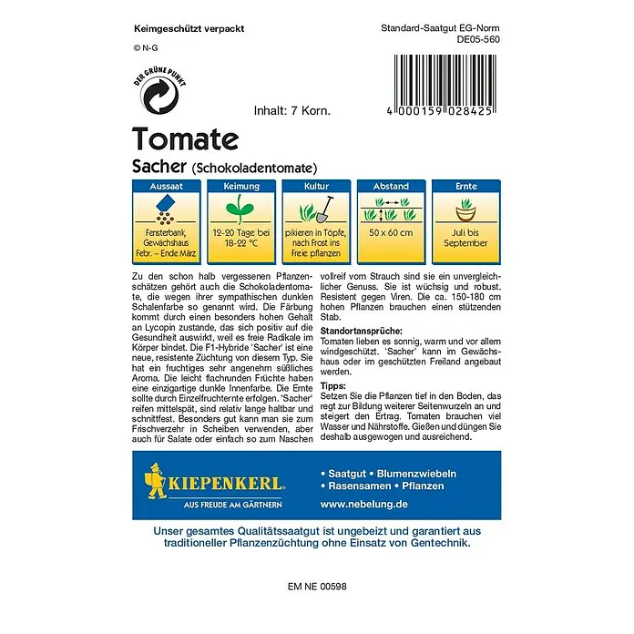 Kiepenkerl Gemüsesamen Tomate - Sacher F1, Solanum lycopersicum, Erntezeit: Juli - Abbildung der Saatgutpackung 'Tomate Sacher (Schokoladentomate)' von Kiepenkerl mit Anweisungen zu Anbau und Ernte.