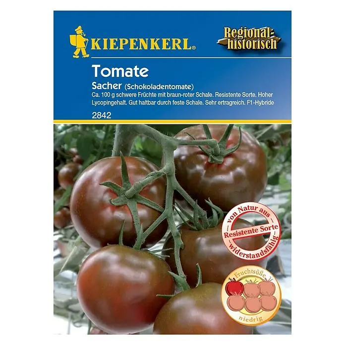 Kiepenkerl Gemüsesamen Tomate - Sacher F1, Solanum lycopersicum, Erntezeit: Juli - Sacher-Tomaten-Samenpackung mit dem Bild von braun-roten Tomaten an der Pflanze.
