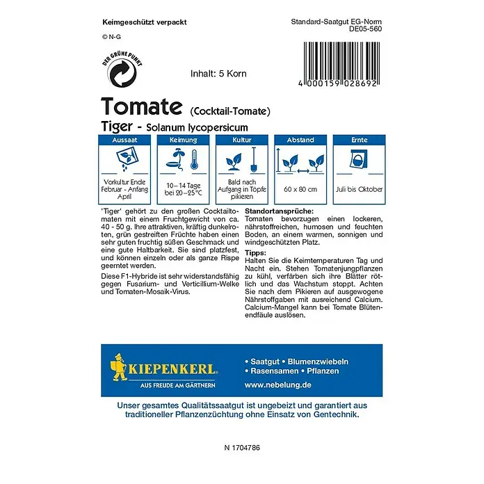 Kiepenkerl Profi-Line Gemüsesamen Tomate - Tiger F1, Solanum lycopersicum, Erntezeit: Juli - Abbildung einer Samenpackung 'Tiger'-Tomaten, einer Cocktail-Tomatensorte von Kiepenkerl, ideal für den Anbau im eigenen Garten.