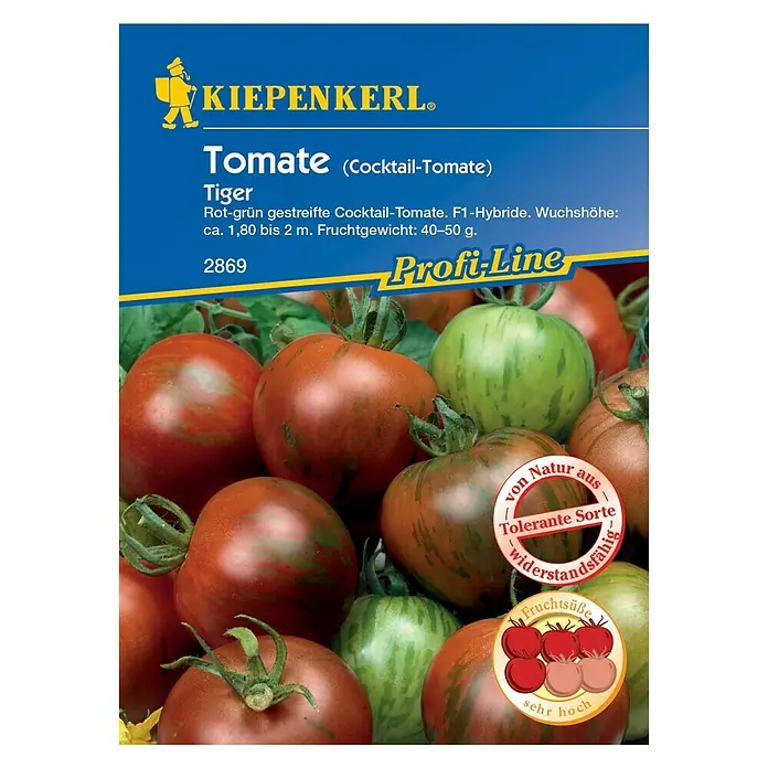 Kiepenkerl Profi-Line Gemüsesamen Tomate - Tiger F1, Solanum lycopersicum, Erntezeit: Juli - Abbildung der Samenpackung der Cocktailtomate Tiger, einer rot-grün gestreiften Tomatensorte, die sich ideal für den Anbau im eigenen Garten eignet.