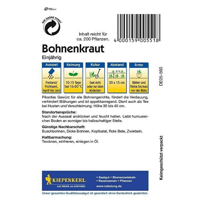 Kiepenkerl Kräutersamen Bohnenkraut einjährig (Satureja hortensis, Saatzeit: April, Erntezeit: Juni) | BAUHAUS