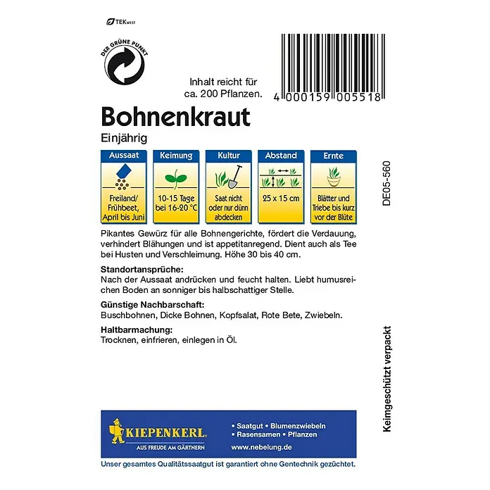 Kiepenkerl Kräutersamen Bohnenkraut einjährig - Satureja hortensis, Saatzeit: April, Erntezeit: Juni - Das Bild zeigt eine Packung Bohnenkraut-Samen von Kiepenkerl, mit Anweisungen zu Aussaat, Keimung, Kultur, Abstand und Ernte.
