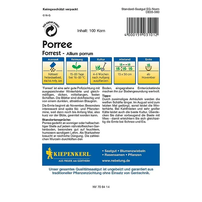Kiepenkerl Profi-Line Gemüsesamen Porree - Forrest, Allium porrum, Erntezeit: November - Abbildung einer Saatguttüte Porree 'Forrest' (Allium porrum) mit Informationen zu Aussaat, Keimung, Kultur, Abstand und Ernte.
