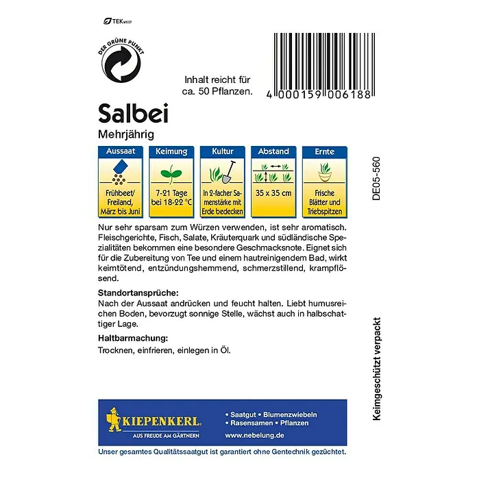 Kiepenkerl Kräutersamen Salbei mehrjährig - Salvia officinalis, Saatzeit: März, Erntezeit: Juni - Abbildung der Salbei-Samenpackung von Kiepenkerl, die die Anweisungen zum Anpflanzen von mehrjährigem Salbei enthält.
