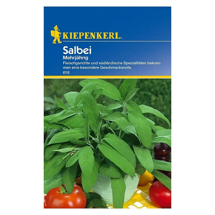 Kiepenkerl Kräutersamen Salbei mehrjährig - Salvia officinalis, Saatzeit: März, Erntezeit: Juni - Produktfoto von Kiepenkerl Salbei Mehrjährig, eine aromatische Ergänzung für Fleischgerichte und südliche Spezialitäten.
