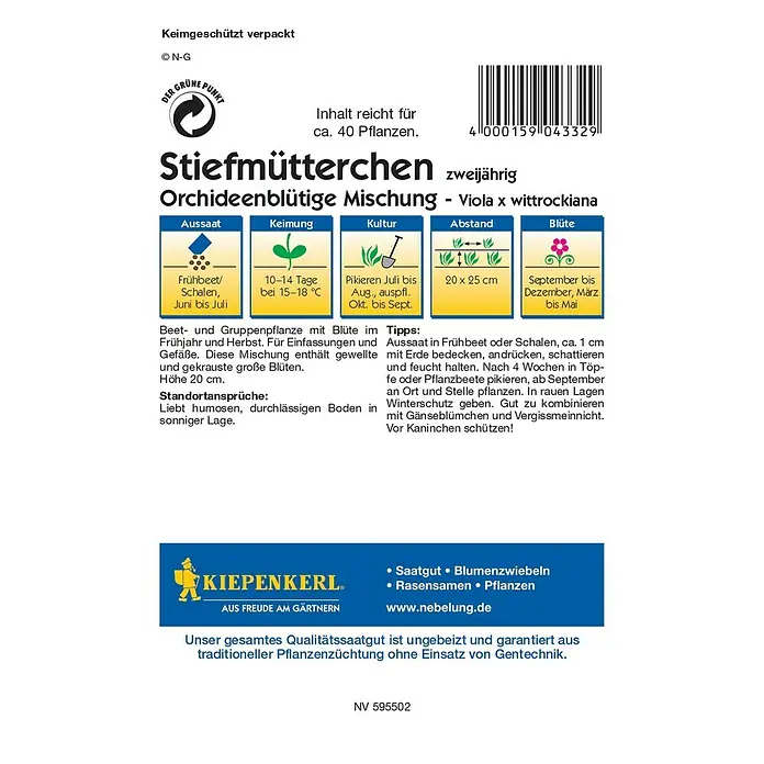 Kiepenkerl Blumensamen Stiefmütterchen Orchideenblütig - Viola x wittrockiana, Mehrfarbig - Abbildung einer Samenpackung Stiefmütterchen, zweijährig, Orchideenblütige Mischung - Viola x wittrockiana, von Kiepenkerl.