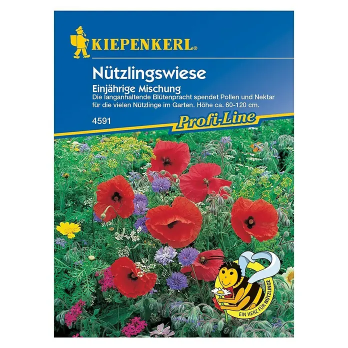 Kiepenkerl Blumensamenmischung Nützlingswiese - Verschiedene Sorten, Blütezeit: Juli, 3 m² - 4 m² - Samentüte "Nützlingswiese" von Kiepenkerl mit blühender Blumenmischung für Nützlinge im Garten.