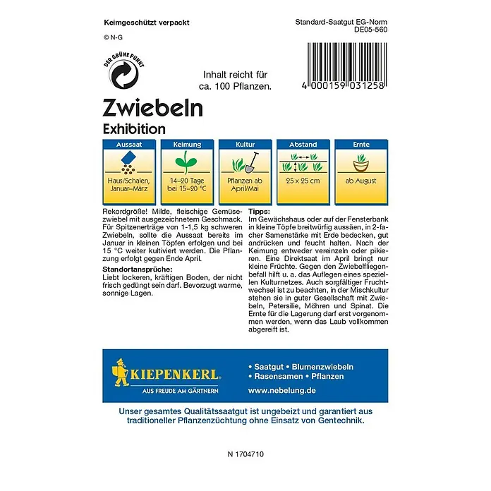 Kiepenkerl Profi-Line Gemüsesamen Gemüsezwiebel Exhibition 3125 - Allium cepa, Erntezeit: August - Abbildung der Verpackung von 'Zwiebeln Exhibition' Saatgut, ideal für ca. 100 Pflanzen. Mit Anweisungen zu Aussaat, Keimung und Ernte.
