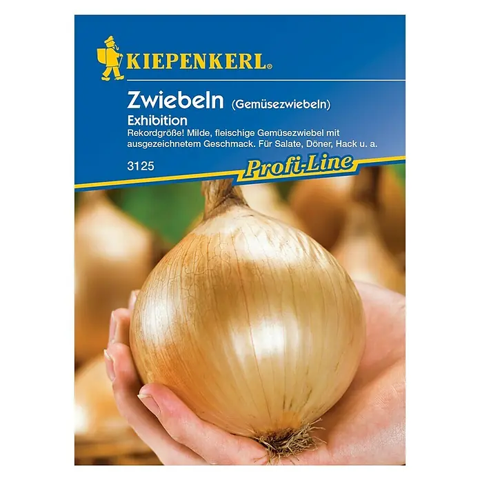 Kiepenkerl Profi-Line Gemüsesamen Gemüsezwiebel Exhibition 3125 - Allium cepa, Erntezeit: August - Abbildung einer Kiepenkerl Zwiebel-Exhibition-Samenpackung. Die Packung zeigt eine riesige Zwiebel, die in Händen gehalten wird, mit dem Text "Zwiebeln Exhibition".
