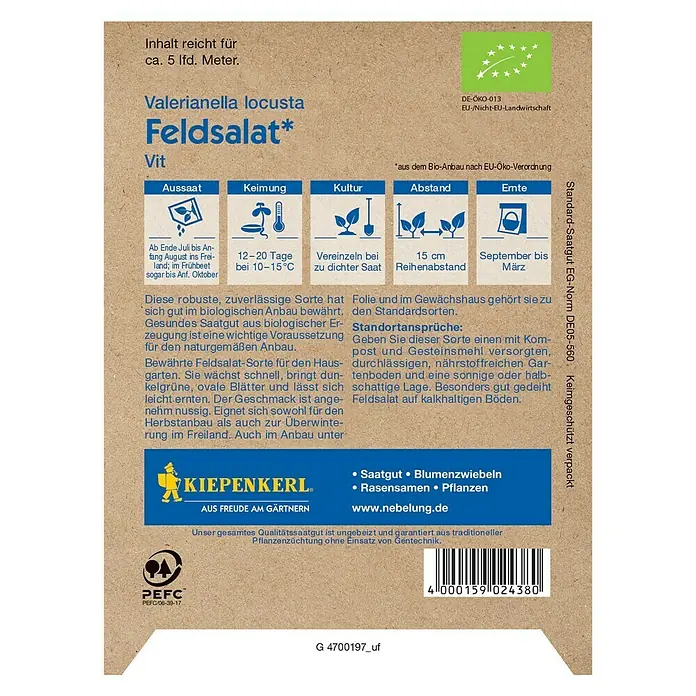 Kiepenkerl Profi-Line Salatsamen Feldsalat - Bio Feldsalat, Valerianella locusta, Erntezeit: September - Samenpackung Feldsalat "Vit" von Kiepenkerl. Bio-Saatgut für den Anbau von nussigem, dunkelgrünem Feldsalat im Hausgarten oder im Freiland.
