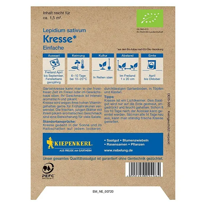 Kiepenkerl Profi-Line Kräutersamen Kresse - Bio, Lepidium sativum, Saatzeit: April, Erntezeit: April - Samentüte Gartenkresse mit Anweisungen zu Aussaat, Keimung, Kultur, Abstand und Ernte.