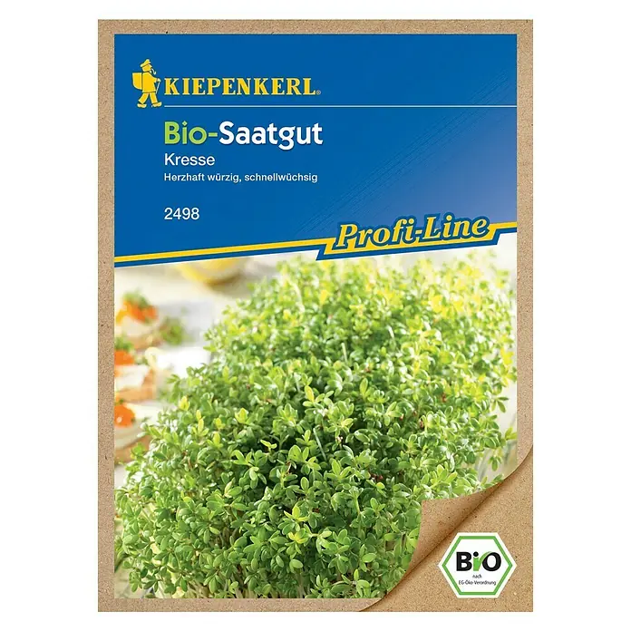 Kiepenkerl Profi-Line Kräutersamen Kresse - Bio, Lepidium sativum, Saatzeit: April, Erntezeit: April - Ein Päckchen Bio-Saatgut für Kresse von Kiepenkerl. Das Saatgut verspricht herzhaft würzige und schnell wachsende Kresse für den Garten.
