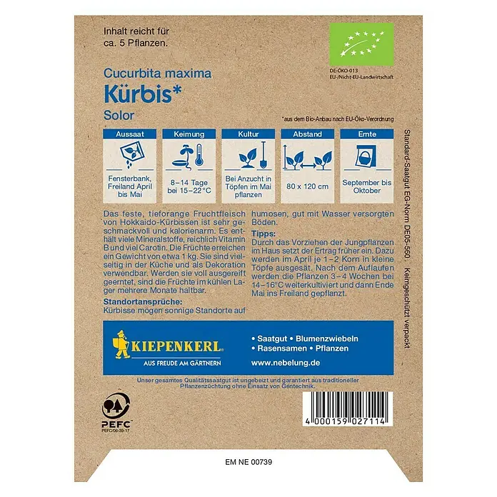 Kiepenkerl Profi-Line Gemüsesamen Kürbis - Hokkaido Bio, Cucurbita maxima, Erntezeit: September - Samentüte Kürbis 'Solor' (Cucurbita maxima) mit Anbauhinweisen für ca. 5 Pflanzen. Ökologisch angebautes Saatgut von Kiepenkerl.