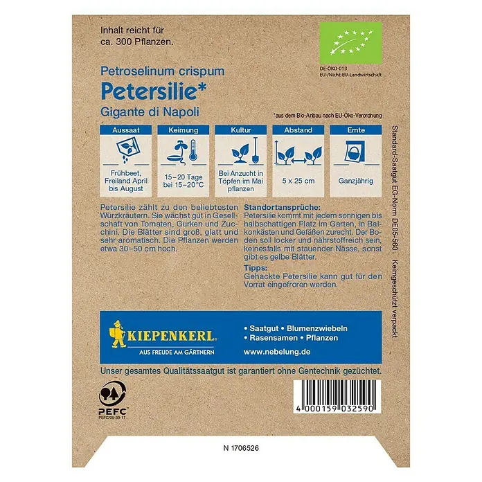 Kiepenkerl Profi-Line Kräutersamen Petersilie - Bio Glatt, Petroselinum crispum var. neapolitanum, Saatzeit: April, Erntezeit: Ganzjährig - Abbildung der Verpackung von Petersiliensamen der Sorte 'Gigante di Napoli' von Kiepenkerl, ideal für den Anbau im eigenen Garten.