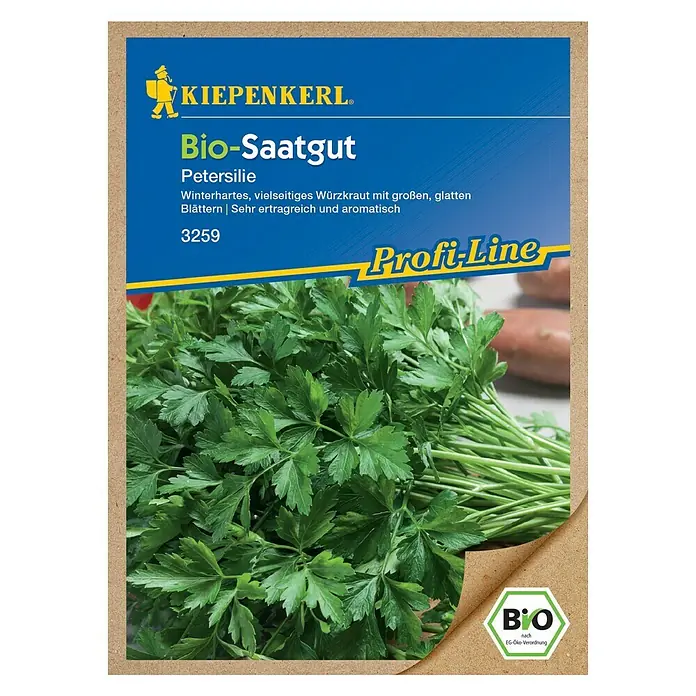 Kiepenkerl Profi-Line Kräutersamen Petersilie - Bio Glatt, Petroselinum crispum var. neapolitanum, Saatzeit: April, Erntezeit: Ganzjährig - Bio-Saatgut Petersilie: Winterhartes, vielseitiges Würzkraut mit großen, glatten Blättern, sehr ertragreich und aromatisch.