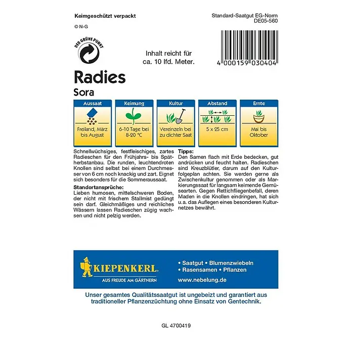 Kiepenkerl Profi-Line Gemüsesamen Radieschen - Sora, Raphanus sativus var. sativus, Erntezeit: Mai - Abbildung einer Radieschen-Samenpackung der Sorte Sora von Kiepenkerl, ideal für den Anbau im Garten oder auf dem Balkon.
