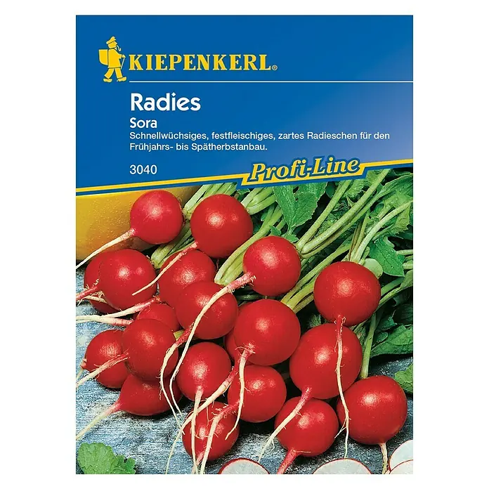 Kiepenkerl Profi-Line Gemüsesamen Radieschen - Sora, Raphanus sativus var. sativus, Erntezeit: Mai - Abbildung einer Radieschen-Samenpackung der Marke Kiepenkerl, Sorte Sora, für den Anbau vom Frühjahr bis zum Spätherbst.
